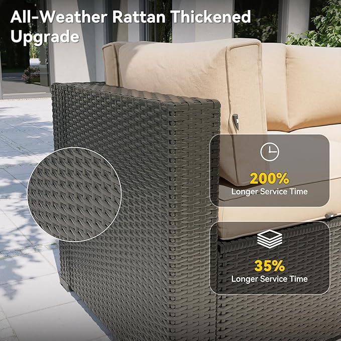Aoxun Patio Furniture Set with Fire Pit Table, 8 Piece Outdoor Sectional Sofas, Wicker Rattan Outdoor Furniture with Thickened Cushion for Backyard, Garden Begin