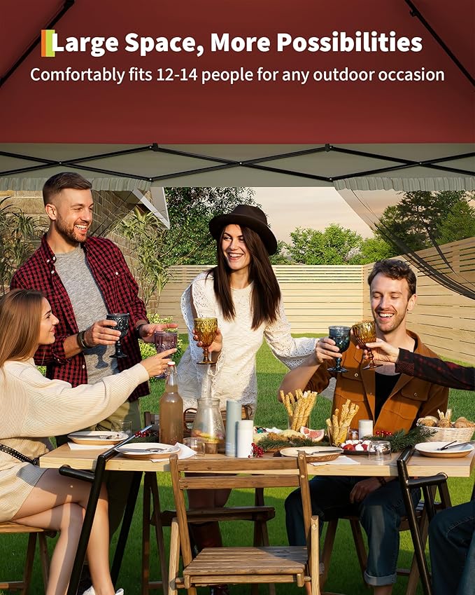 Canopy Tent 13x13 ft, Pop Up Gazebo One-Push Setup with 4 SandBags for Backyard Parties and BBQs, Mosquito Netting & Height Adjustable - Red