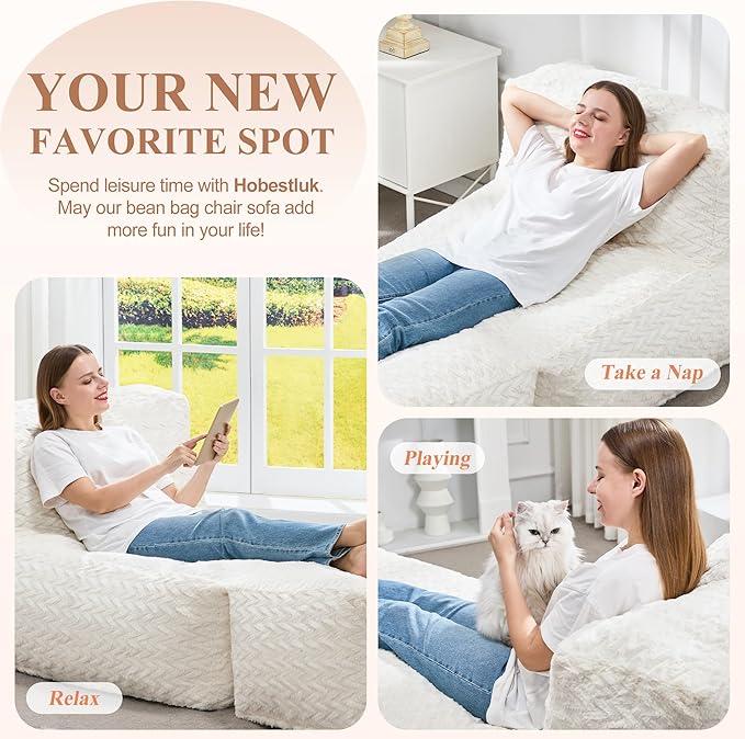 Hobestluk Bean Bag Chair Big Bean Bag Lounger for Adults Bean Bag Couch with Memory Foam Filled for Living Room, Bedroom or Balcony (Chevron Plush White)