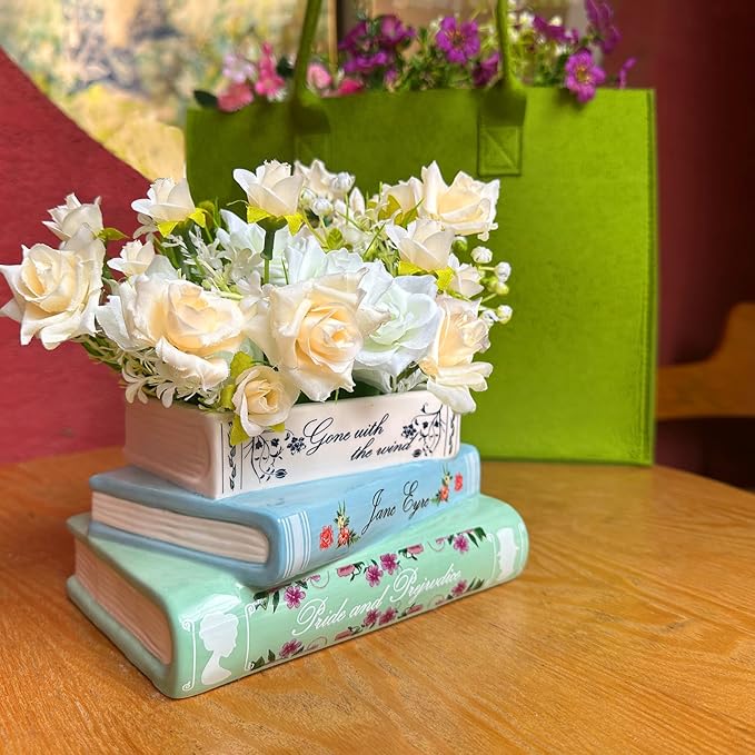 Small Book-Shaped Decorative Planter - Ceramic Vase for Flowers - Cute Bookshelf Home Bedroom Office Decor - Unique Classic Titles Bookstack Housewarming Gifts for Book Lovers
