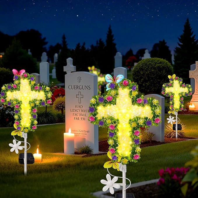 YJFWAL Solar Flower Cross for Cemetery Grave, Grave Decorations for Cemetery Solar Crosses, Sympathy Memorial Gifts, for Garden Lawn Yard Patio Decor