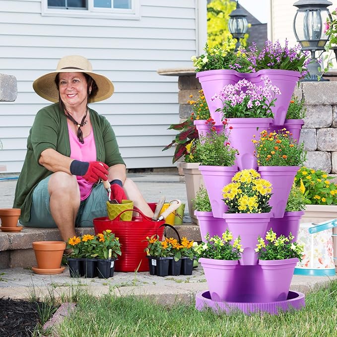 Umigy 2 Set 5 Tier Stackable Planters Vertical Garden Planters for Strawberry Herb Flower and Vegetable Indoor Outdoor Gardening Pots with Removable Wheels and Bottom(Purple)
