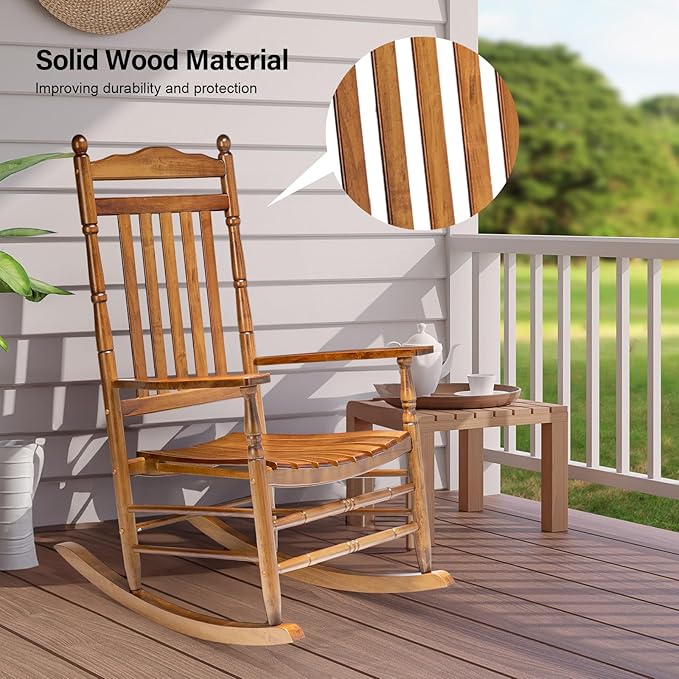 VINGLI Wooden Rocking Chair, Outdoor Chair with 450 lbs Support, Relaxing Rocker with Solid Wood High Back Seat Reclining Seat for Deck, Garden, Backyard, Porch, Indoor or Outdoor Use (Teak, 1PC)