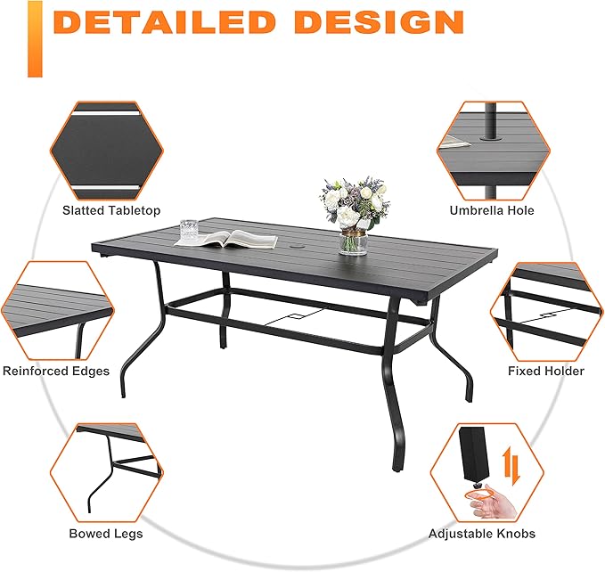 NUU GARDEN 7 Piece Outdoor Dining Set Rectangle Iron Patio Table with Umbrella Hole and 6 Swivel Chairs with Cushions Outdoor Furniture Set for Garden Backyard Black and Red