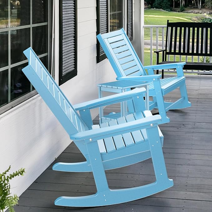 GREENVINES Outdoor Rocking Chair Set | 3-Piece | 2 Rocking Chairs with 1 Side Table | Porch Rocker | HDPE Plastic | Arctic | Patio Furniture Sets | High Back | Big & Tall | Ladder Back