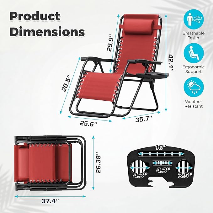 Homall Zero Gravity Chair Patio Folding Lawn Outdoor Lounge Gravity Camp Reclining Lounge Chair with Cup Holder Pillows for Poolside Backyard and Beach Set of 4 (Red)