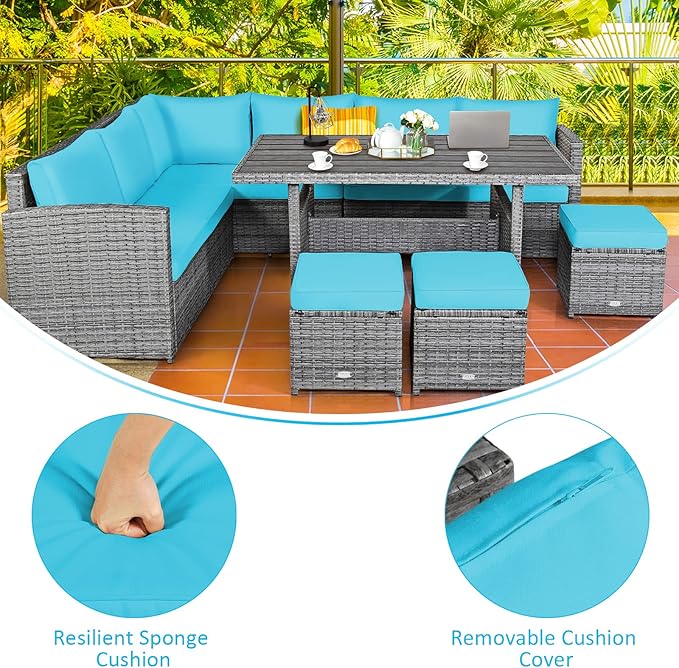 Tangkula 7 Pieces Patio Furniture Set, Outdoor Sectional Rattan Dining Sofa Set with Cushions, All Weather Wicker Conversation Couch Set with Dining Table & Ottomans for Yard Garden Poolside