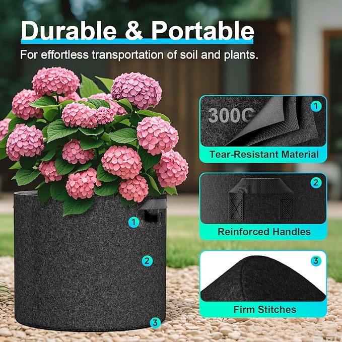 Land Guard 4-Pack Fabric Grow Bags 10 Gallon, Thickened Nonwoven Garden Pots, Growing Bags with Handles, Black