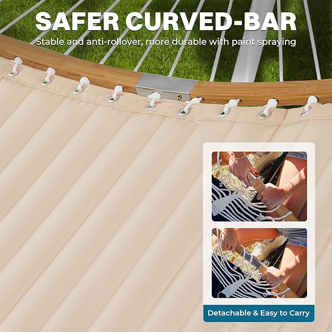 SUPERJARE Hammock with Stand, 2 Person Heavy Duty Hammock with Padded Cotton, Detachable Pillow & Strong Curved-Bar & Portable Carrying Bag, Perfect for Outdoor & Indoor, Beige