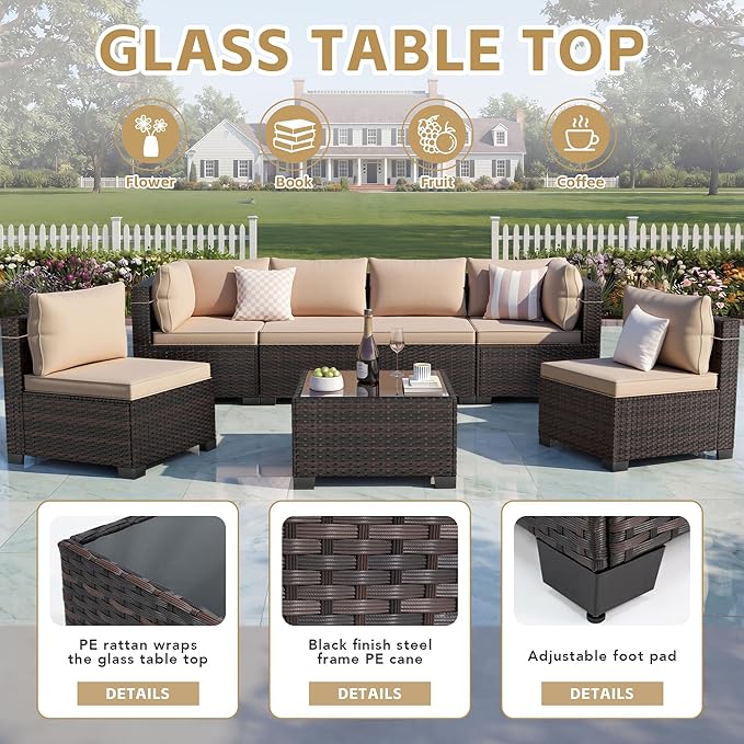 LEVELEVE 7 Pieces Outdoor Patio Furniture Sets,Rattan Conversation Sectional Set,Manual Weaving Wicker Patio Sofa with Tea Table