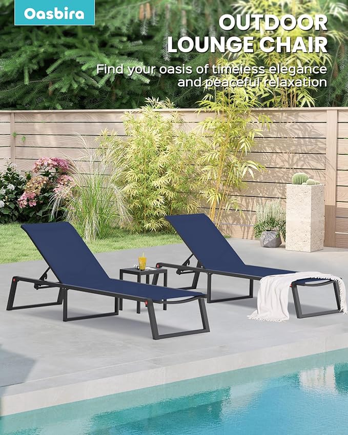 Aluminum Chaise Lounge Chair Outdoor, Foldable & Assembly Free Patio Pool Lounge Chairs 5-Position Recliner for Outside Poolside, Fully Grounded Legs Sun Lounger for Beach, Yard, Navy Blue