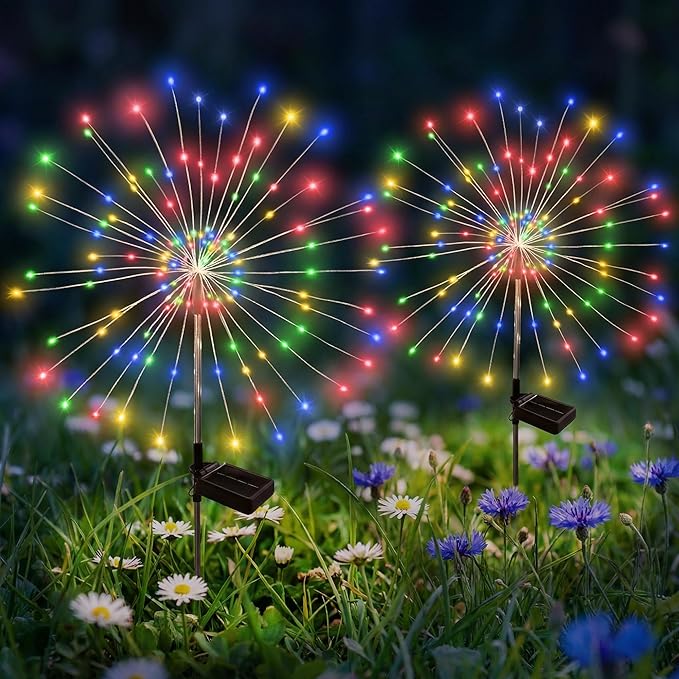 Solar Garden Lights Outdoor Decorative, 2pack 120 LED Firework Lights Waterproof，Solar Fairy Lights for Outside,Garden,Yard, Patio,Pathway,Flowerbed,Party(Multicolor)