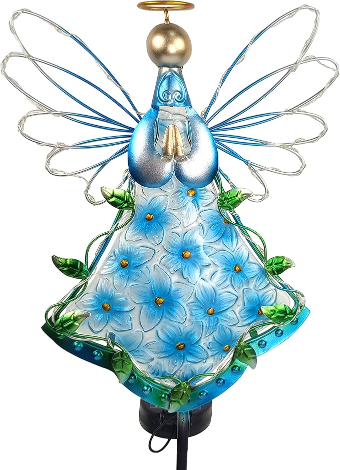 38Inch Angel Solar Lights Outdoor Decorative-Metal&Glass Angel Blue Hydrangea Flower Garden Stake- Waterproof 30 Warm White LED for Remembrance & Sympathy Gifts（Blue）