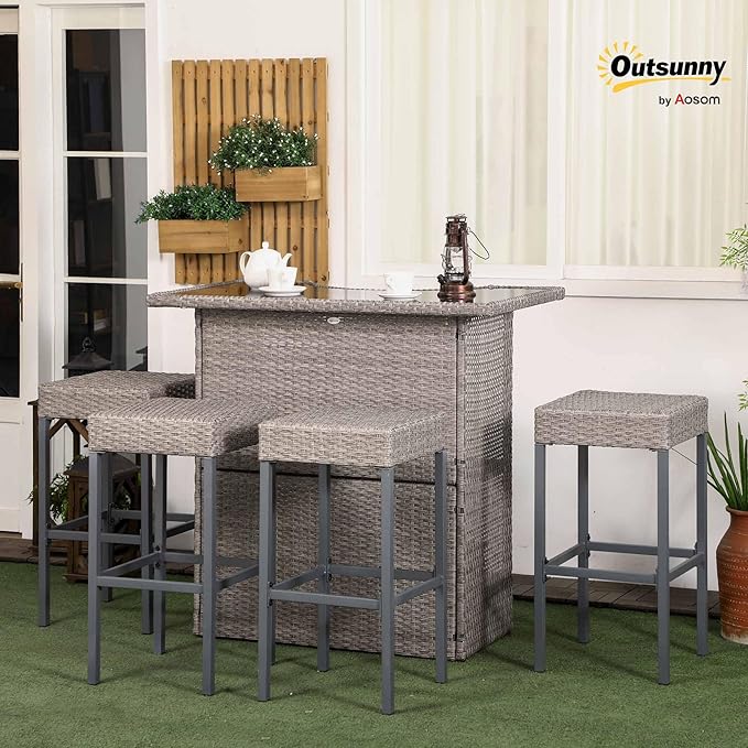 Outsunny 5 Piece Wicker Outdoor Bar Set, High Top Outdoor Table and Chairs, Bar Height Patio Set with Glass Table Top 2 Tier Storage Shelf and 4 Bar Stools for Garden, Poolside, Gray