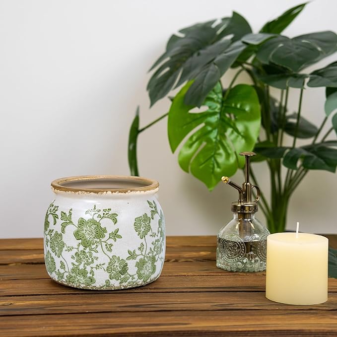 Flower Pot,Vintage Ceramic Pot for Planter with Drainage Holes, 6.29 inch Ice Crack Glazed Indoor Planters Pot for Indoor,Tucan Home Decor,Gardening Gifts,Green (Modern)