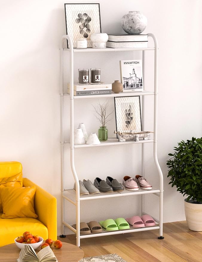 5-Tier Metal Plant Stand Indoor Outdoor, Waterproof Flower Stand for Multiple Pots, Heavy Duty Plant Stands for Living Room Patio Garden Decor, Tall Plant Shelf with Leveling Feet, White