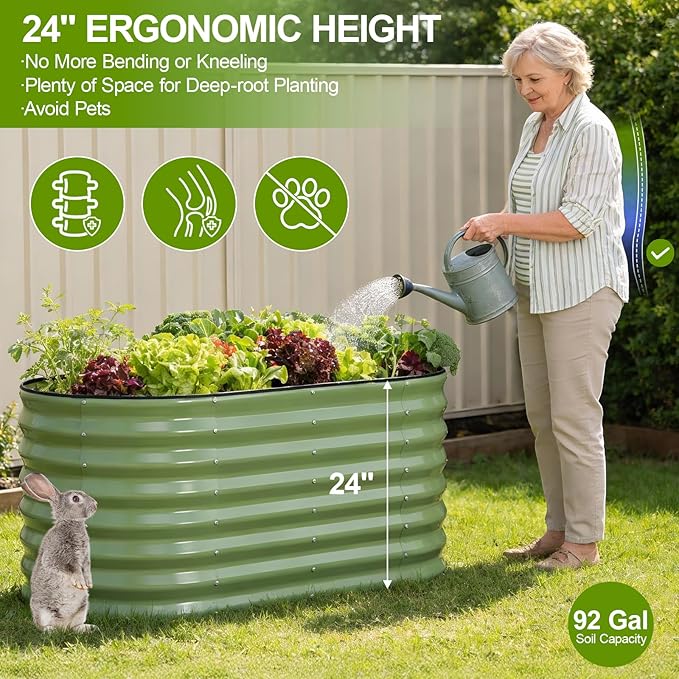 24" Tall Galvanized Raised Garden Bed Outdoor, 4x2x2ft Deep Metal Planter Box with Safety Edging & Support Bars, Large Oval Raised Beds for Gardening Plants Vegetables Herbs Flowers (Olive Green)