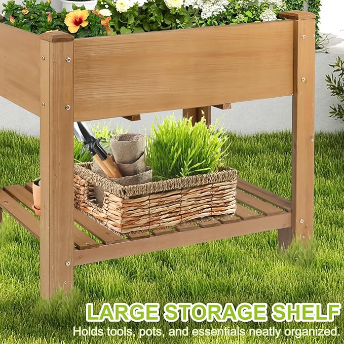 Raised Garden Bed with Legs - Elevated Wooden Planter Box, Durable Fir Wood, Reinforced Frame with Drainage Holes, Liner, and Storage Shelf for Vegetables, Herbs, Flowers, 33.5" x 18" x 30"