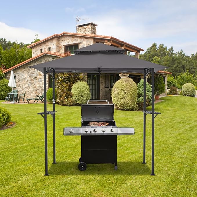 AECOJOY 8' x 5' Outdoor Grill Gazebo Canopy, BBQ Canopy for Outdoor Grill, 2- Tier BBQ Gazebo Shelter for Patio, Backyard and More (Grey)