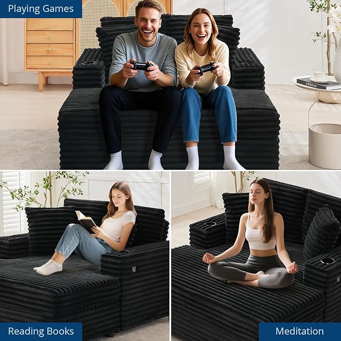 GarveeHome Oversized Chaise Lounge Chair Indoor, 56x60 in Comfortable Corduroy Lounge Sofa with Charging Ports & Cup Holders, Cozy Reading Couch for Bedroom Living Room Apartment, Black