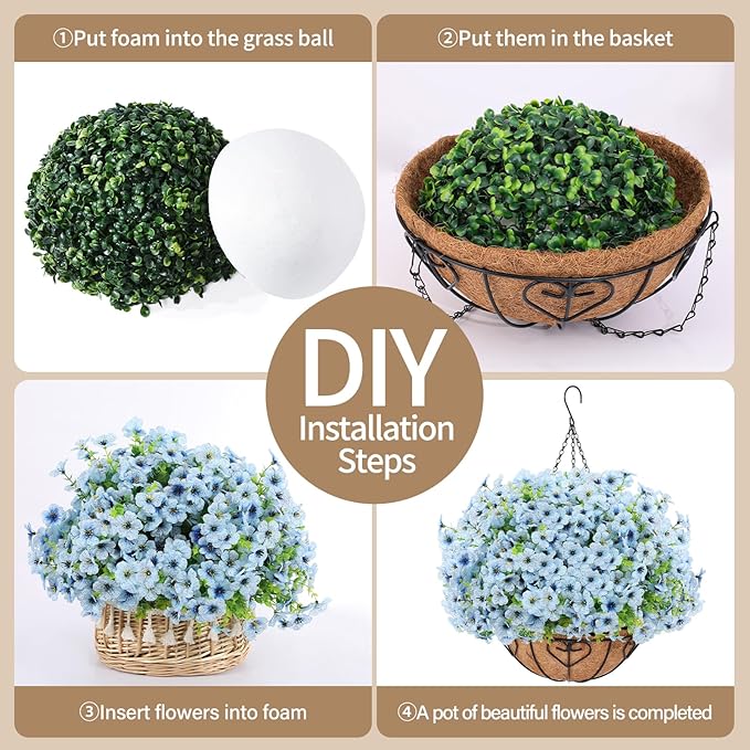 Artificial Hanging Flower for Outdoors, Fake Hanging Basket for Outside,1 Hanging Basket with 13 Pcs Faux Silk Flowers for Porch, Balcony and Patio Decor(Blue)