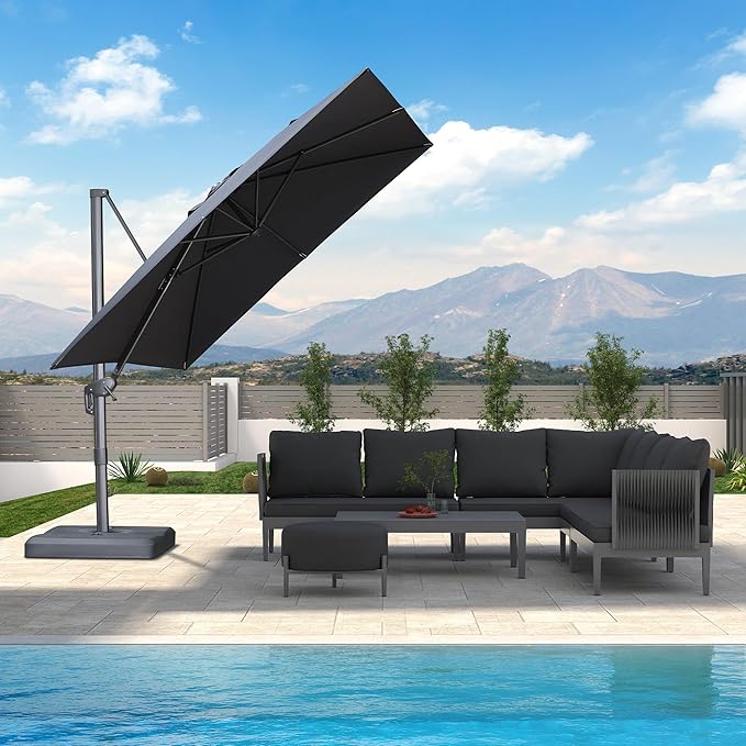 PURPLE LEAF Patio Umbrella 9' X 9' Rectangle Cantilever Umbrella Large Aluminum Outdoor Umbrellas with 360-degree Rotation & UPF40+ Premium Fabric for Deck Pool Garden Yard, Graphite Grey