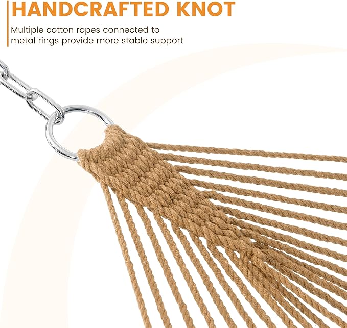 Lazy Daze Hammocks Double Rope Hammock, 2 Person Traditional Outdoor Hand Woven Cotton Rope Hammock with Spreader Bar, Carabiners, Tree Straps, Chains for Patio Yard - Max 450 Lbs, Tan