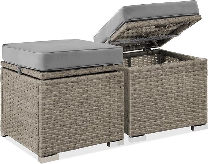 Best Choice Products Set of 2 Wicker Ottomans, Multipurpose Outdoor Furniture for Patio, Backyard, Additional Seating, Footrest, Side Table w/Storage, Removable Cushions - Cement Gray/Taupe