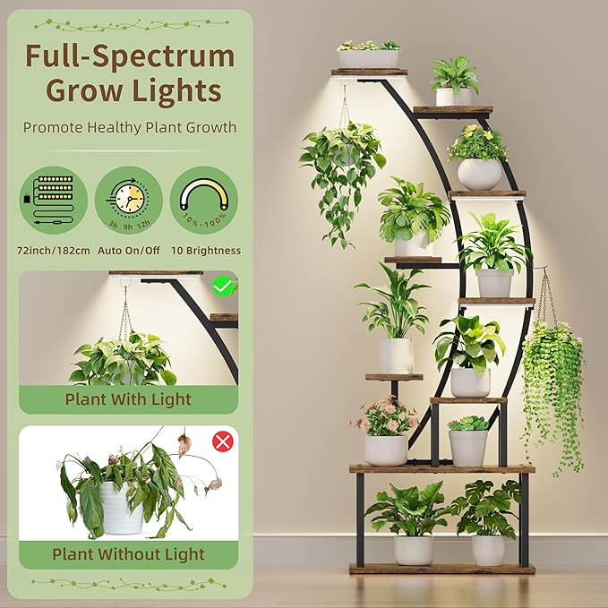 Plant Stand Indoor with Grow Lights, 63" Tall Indoor Plant Shelf, 9 Tiered Corner Plant Holder, Large Flower Display Shelf for Living Room, Bedroom, Office, Home Decor