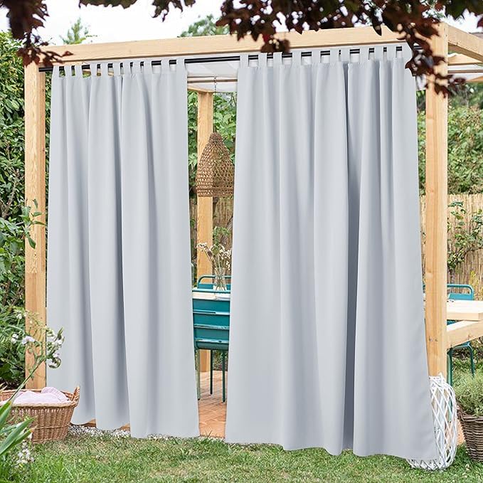 NICETOWN 2 Panels Outdoor Curtainss for Patio Waterproof, Thermal Insulated Detachable Tab Top Sunlight Block Outdoor Dividers Room Darkening for Porch/Yard/Cabana, W84 x L95, Greyish White