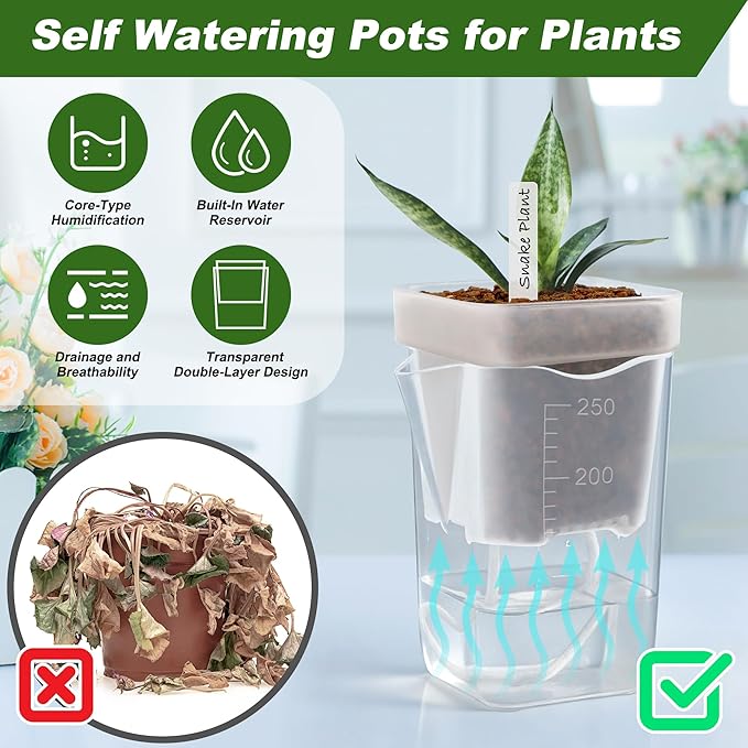 12 Pack Self Watering Pots Set for Indoor Plants, 2.5" Small Clear Self Watering Planters with Watering Holes Plastic Flower Pot with 12 Labels, 12 Ropes