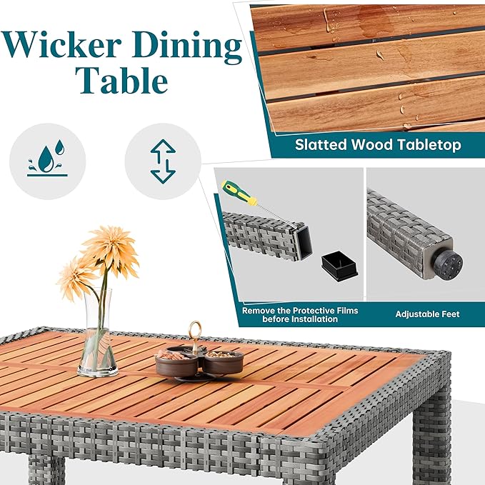 Shintenchi 5 Piece Patio Dining Set, Wicker Patio Conversation Set with Wooden Table Top, Outdoor Table and Chairs with Soft Cushions for Backyard, Deck and Garden, Grey Wicker