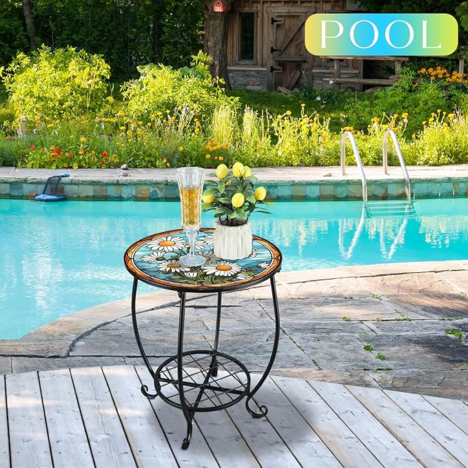 Outdoor Side Table Round Small Mosaic Patio Accent Indoor End Plant Coffee Tea Table for Yard Patio Porch Garden Living Room, Bedroom(Daisy Style,14 Inch)