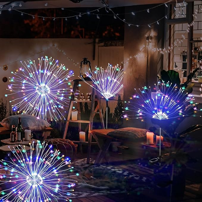 JJGoo Solar Firework Lights, 2 Pack 150 LEDs 2 Lighting Modes Solar Lights Outdoor Waterproof for Garden Patio Walkway Pathway Party Wedding Christmas Decorative - Mixed Color