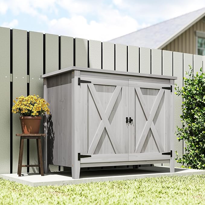 Outsunny Wood Garden Shed, Compact Outdoor Storage Cabinet Potting Shed with Inner Shelf and Double Doors for Backyard, Patio, Lawn, Light Gray