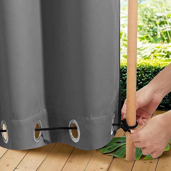 NICETOWN 2 Panels Outdoor Curtains for Patio Waterproof, W100 x L84 Windproof Extra Wide Grommet & Back Tab on Top & Bottom Thermal Insulated Sun Blocking Drapes with Rope for Gazebo, Grey
