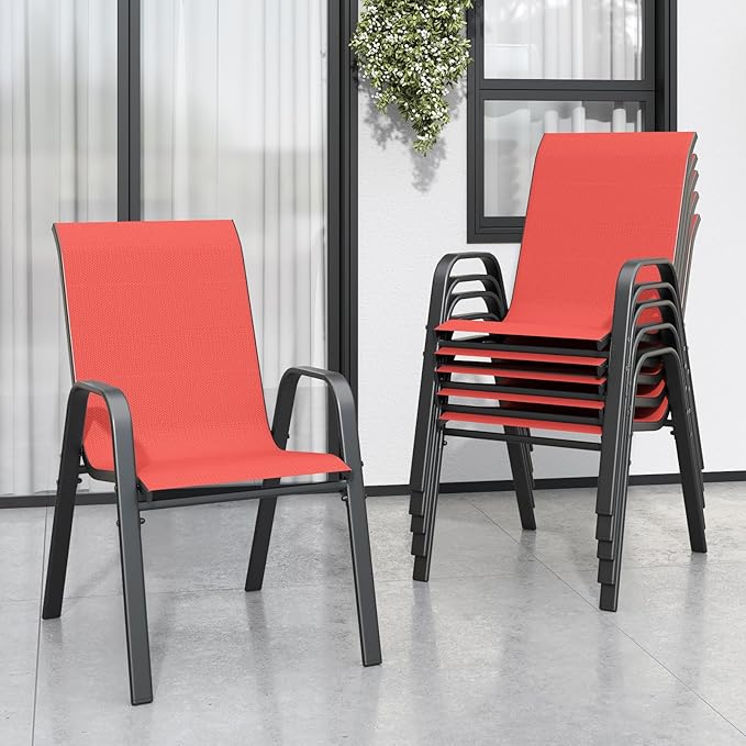 Patio Chairs Set of 6, Stackable Outdoor Dining Chairs for All Weather Textilene Fabric & Metal Frame, Outdoor Chairs Set for Backyard Deck Garden
