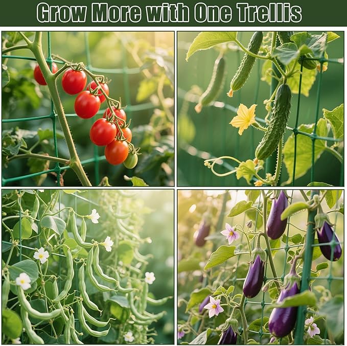 Miory Cucumber Trellis for Raised Beds, 48 x 63 Inch Metal U-Frame Garden Trellis for Climbing Plants Outdoor with Climbing Net, Plant Support for Cucumber Tomato Bean Pea