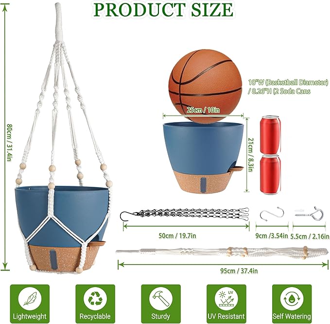 Hanging Planter Self Watering 10 Inch, 2 Pack Hanging Baskets for Plants, Hanging Flower Pots with Drainage Hole & 2 Kinds of Plant Hangers for Garden Home Decor (Navy Blue, 10 Inch)