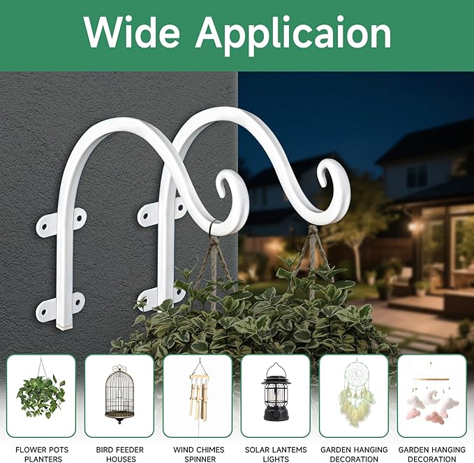 4 Pack 12Inch Plant Hanger, Sturdy Hanging Plant Bracket Hooks Outdoor, Bird Feeder Hanger for Bird Feeders, Planters, Lanterns, Wind Chimes Indoor Outdoor (White)