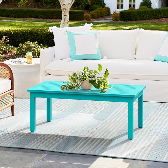 LUE BONA Outdoor Coffee Table, HDPS Patio Coffee Tables for Outside Rectangle, Adjustable Levelling Feet/Weather Resistant, Patio Table for Deck, Pool, Balcony, Indoor or Outdoor Use, Aruba Blue
