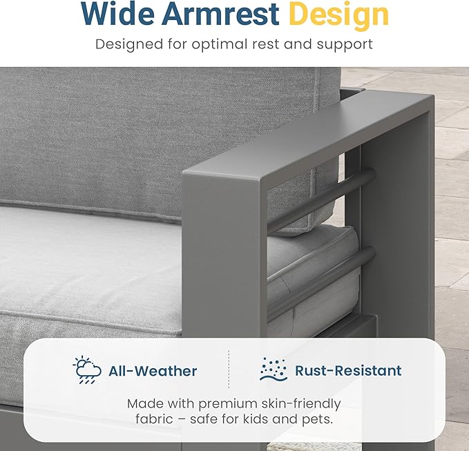 Wisteria Lane Patio Furniture Metal Sofa, Metal Outdoor Chairs with Upgraded Cushions, All-Weather Outdoor 3 Seats Sofa Couch for Balcony, Garden, Deck, Backyard, Grey