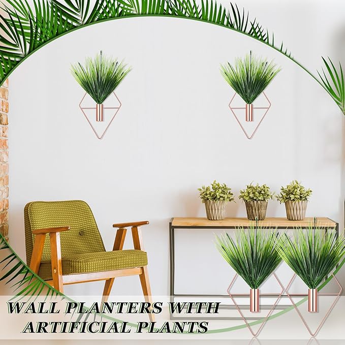 2 Pieces Wall Decor Hanging Planters with Artificial Plants Metal Hanging Vase Indoor Plants Holder Modern Boho Wall Art for Bathroom Bedroom Living Room Decor(Rose Gold,Aquatic Plant)