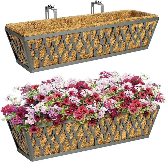 2 Pack 24 Inch Window Boxes Planters Railing Planter Box with Adjustable Brackets for Porch Fence Patio Balcony Hanging Flower Baskets with Coco Liners for Outdoor Garden Decor - Dark Grey