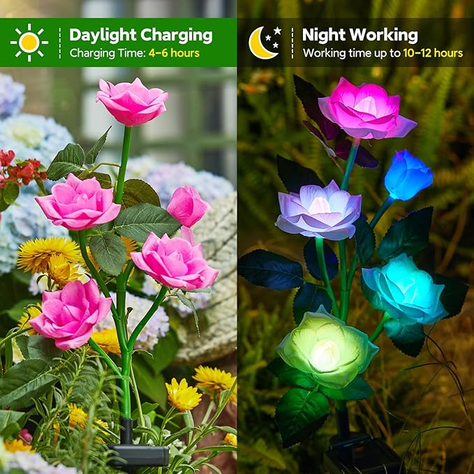 Solar Garden Lights, 6 Pack Upgraded Garden Decor LED Lights with 30 Rose Flowers, IP65 Waterproof 7 Color Changing Flowers, Outdoor Solar Lights for Garden Decorations, Gifts for Valentine's Day
