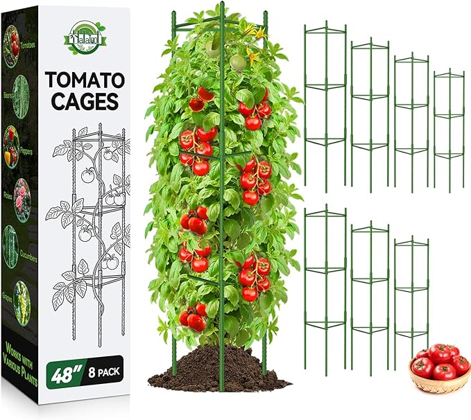 Halatool 8 Pack Tomato Cages for Garden,Up to 48in(4FT) Adjustable Tomato Cage,Garden Stakes Tomato Trellis for Pots,Tomato Plant Support for Raised Garden Bed&Climbing Vegetables Flowers(Green)