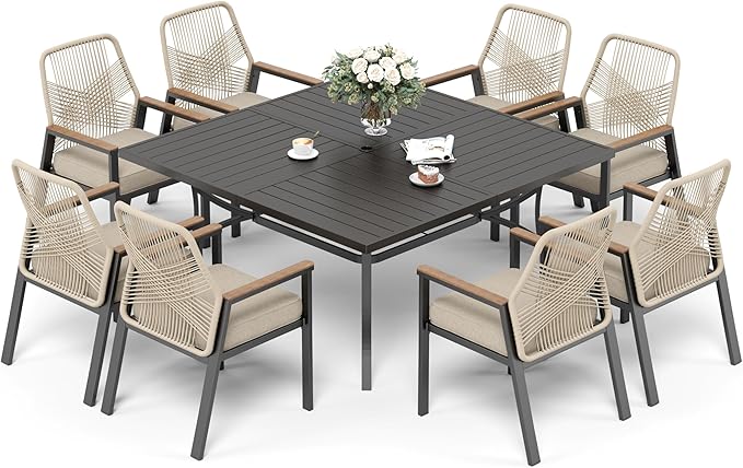 9 Pieces Patio Dining Set, 8 x Woven Rattan Chairs with Waterproof Cushion, 60" Square Metal Dining Table with Umbrella Hole, Outdoor Table and Chairs Set for Backyard Lawn and Deck, Beige