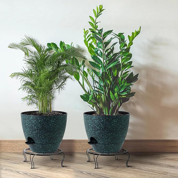 12inch 2Pack Large Self Watering Planters, Plastic Plant Pots with 60oZ Removable Deep Reservoir and Multi Mesh Drainage Holes for Indoor Outdoor Garden Plants and Flowers, Black with Green Speckles