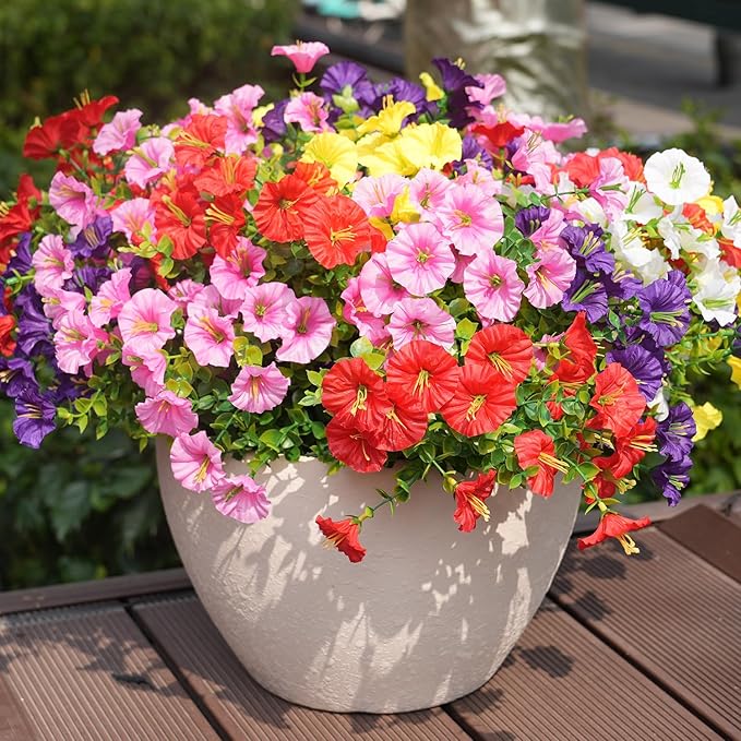 Artificial Flowers for Outdoors, UV Resistant Fake Silk Morning Glory, Realistic Faux Plants for Outside Porch Patio Window Box Hanging Planter (16, Purple White Yellow Pink Red)