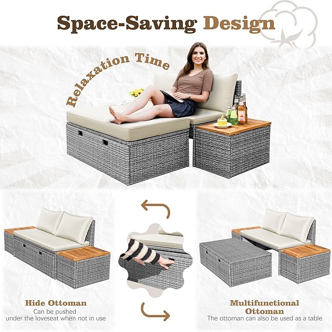Flamaker Outdoor Rattan Daybed with 2 Side Tables, Multifunctional Wicker Patio Sofa with Storage Ottoman, Cushions, Sunbed Wicker Furniture Chaise Lounge Chair for Backyard Porch Poolside(Beige)